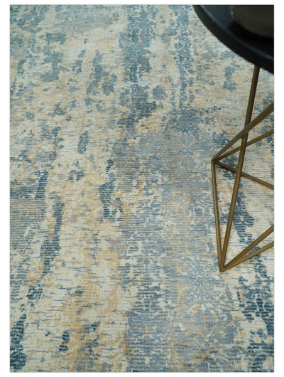 Teal, Gold and Ivory Modern Abstract 5x8 Hand loom wool and Viscose Area Rug - The Rug Decor
