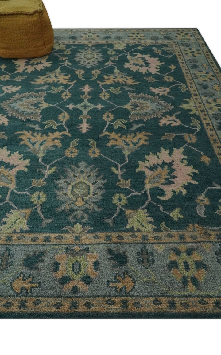 Teal, Gray and Beige Hand Knotted Traditional Oushak Custom Made wool Area Rug - The Rug Decor