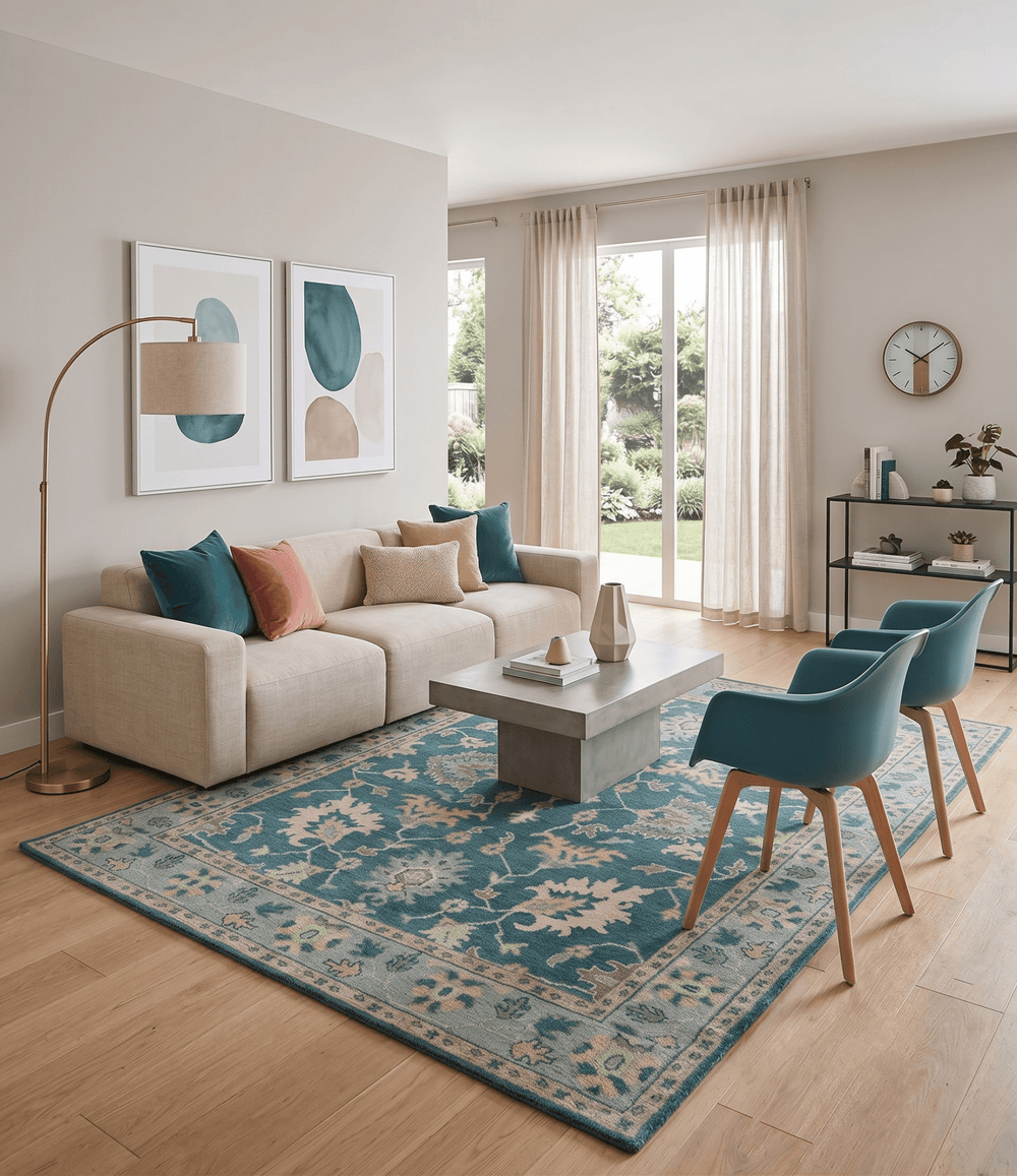 Teal, Gray and Beige Hand Knotted Traditional Oushak Custom Made wool Area Rug - The Rug Decor