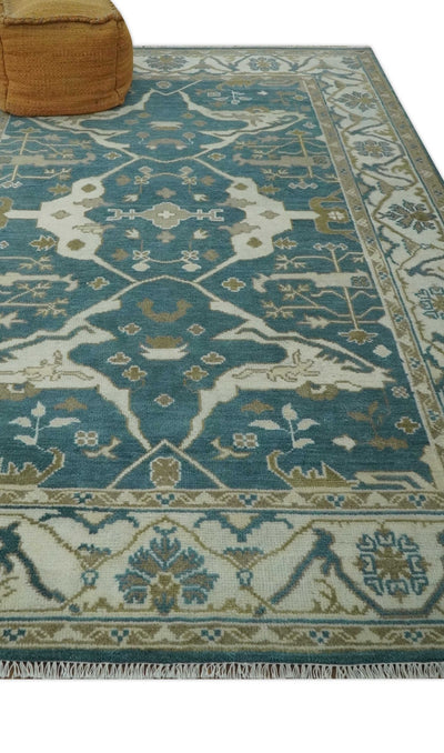 Teal, Ivory and Olive 6x9 Hand Knotted Oriental Oushak wool area rug - The Rug Decor