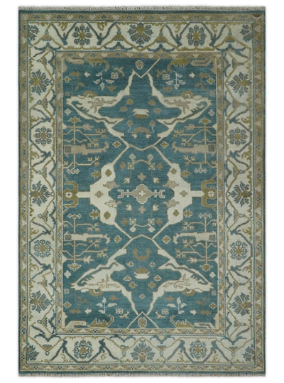 Teal, Ivory and Olive 6x9 Hand Knotted Oriental Oushak wool area rug - The Rug Decor