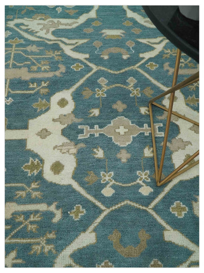 Teal, Ivory and Olive 6x9 Hand Knotted Oriental Oushak wool area rug - The Rug Decor