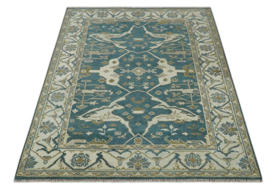 Teal, Ivory and Olive 6x9 Hand Knotted Oriental Oushak wool area rug - The Rug Decor