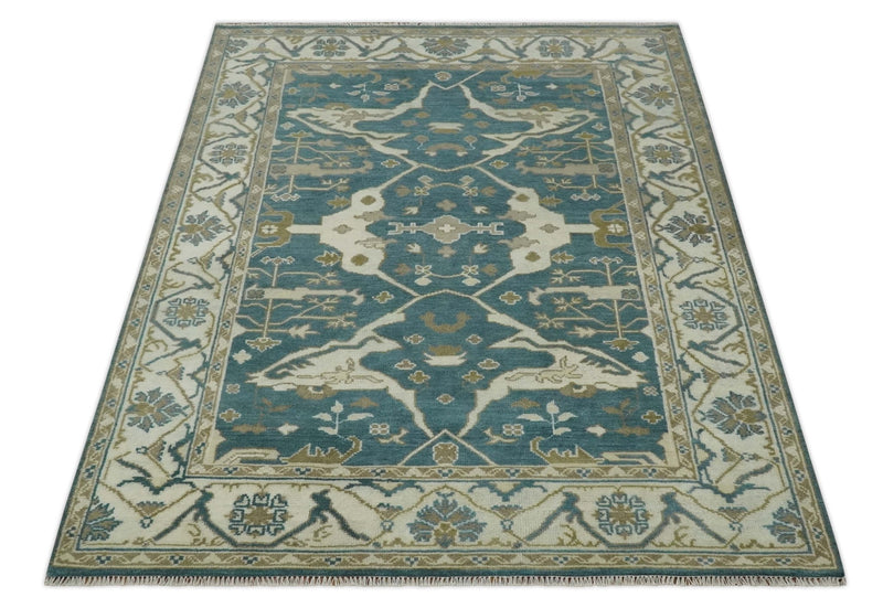 Teal, Ivory and Olive 6x9 Hand Knotted Oriental Oushak wool area rug - The Rug Decor