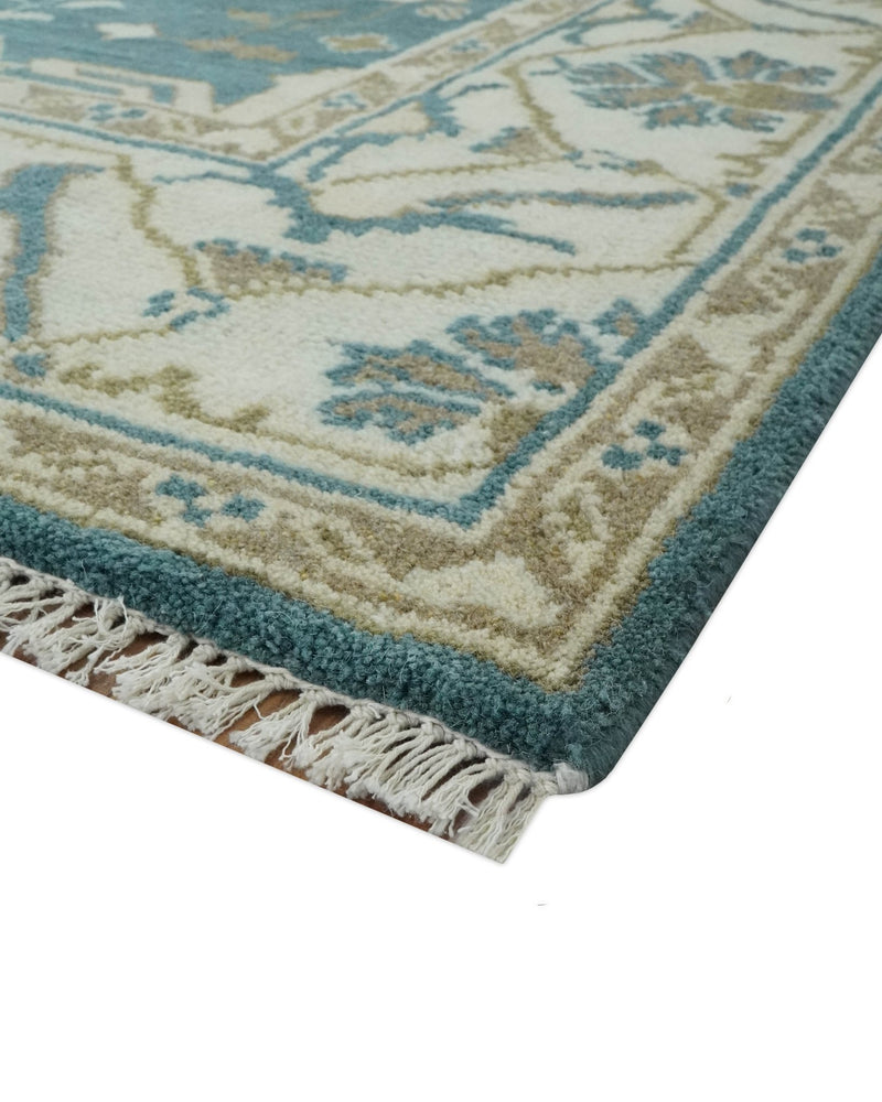 Teal, Ivory and Olive 6x9 Hand Knotted Oriental Oushak wool area rug - The Rug Decor