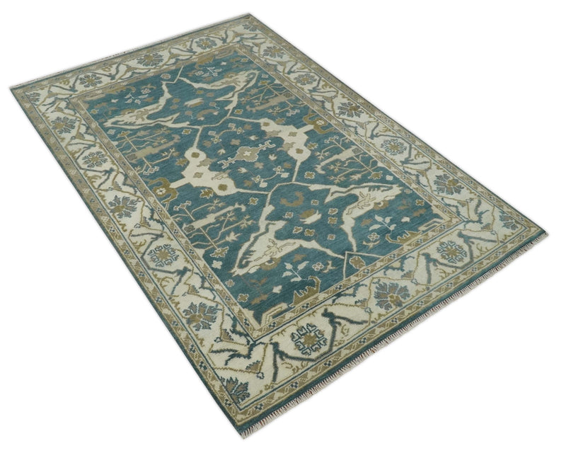 Teal, Ivory and Olive 6x9 Hand Knotted Oriental Oushak wool area rug - The Rug Decor