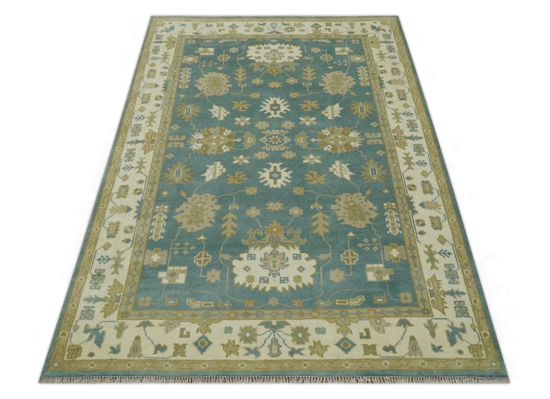 Teal, Ivory and Olive 6x9 Hand Knotted Traditional Floral wool rug - The Rug Decor