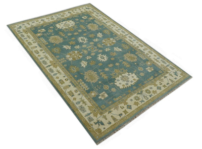 Teal, Ivory and Olive 6x9 Hand Knotted Traditional Floral wool rug - The Rug Decor