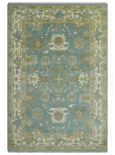 Teal, Ivory and Olive 6x9 Hand Knotted Traditional Oriental Oushak wool rug - The Rug Decor