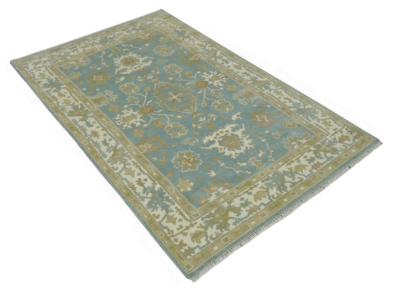 Teal, Ivory and Olive 6x9 Hand Knotted Traditional Oriental Oushak wool rug - The Rug Decor