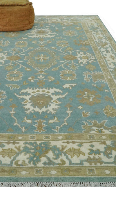 Teal, Ivory and Olive 6x9 Hand Knotted Traditional Oriental Oushak wool rug - The Rug Decor