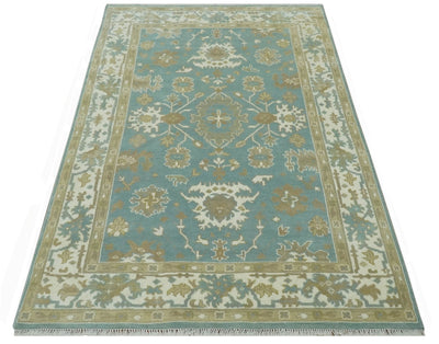 Teal, Ivory and Olive 6x9 Hand Knotted Traditional Oriental Oushak wool rug - The Rug Decor