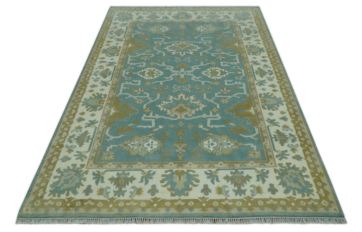 Teal, Ivory and Olive Hand Knotted 6x9 Traditional Oriental Oushak wool rug - The Rug Decor
