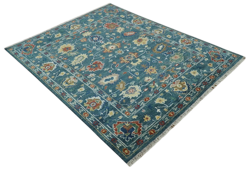 Teal, Ivory, Beige and Brown Hand Knotted 8x10 Traditional Oushak Wool Area Rug - The Rug Decor