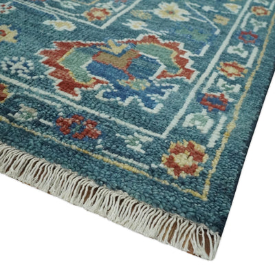 Teal, Ivory, Beige and Brown Hand Knotted 8x10 Traditional Oushak Wool Area Rug - The Rug Decor