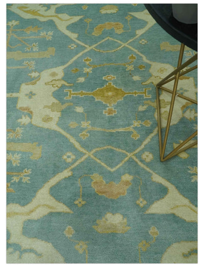 Teal, Olive and Beige Hand Knotted 8x10 Traditional Oriental Oushak wool area rug - The Rug Decor