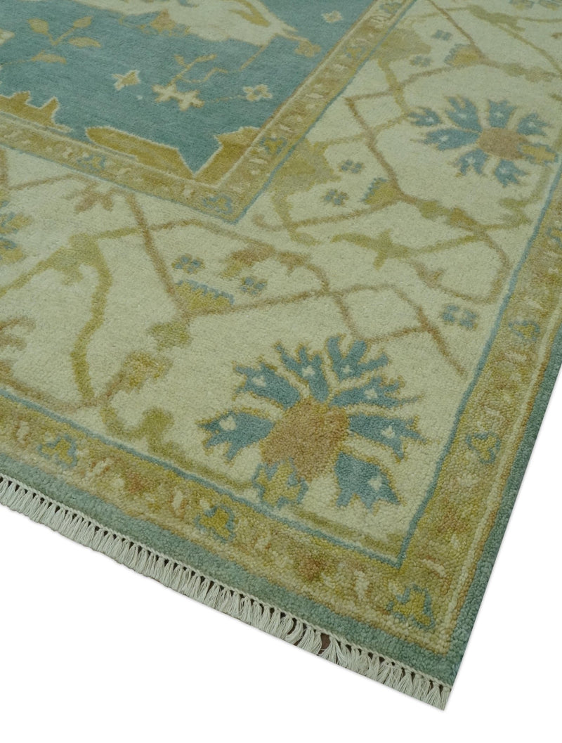 Teal, Olive and Beige Hand Knotted 8x10 Traditional Oriental Oushak wool area rug - The Rug Decor