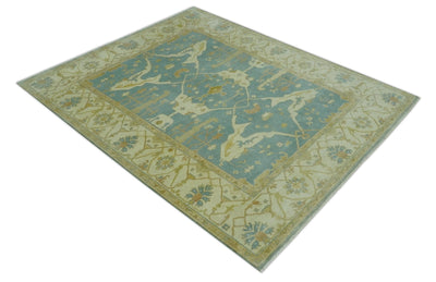 Teal, Olive and Beige Hand Knotted 8x10 Traditional Oriental Oushak wool area rug - The Rug Decor