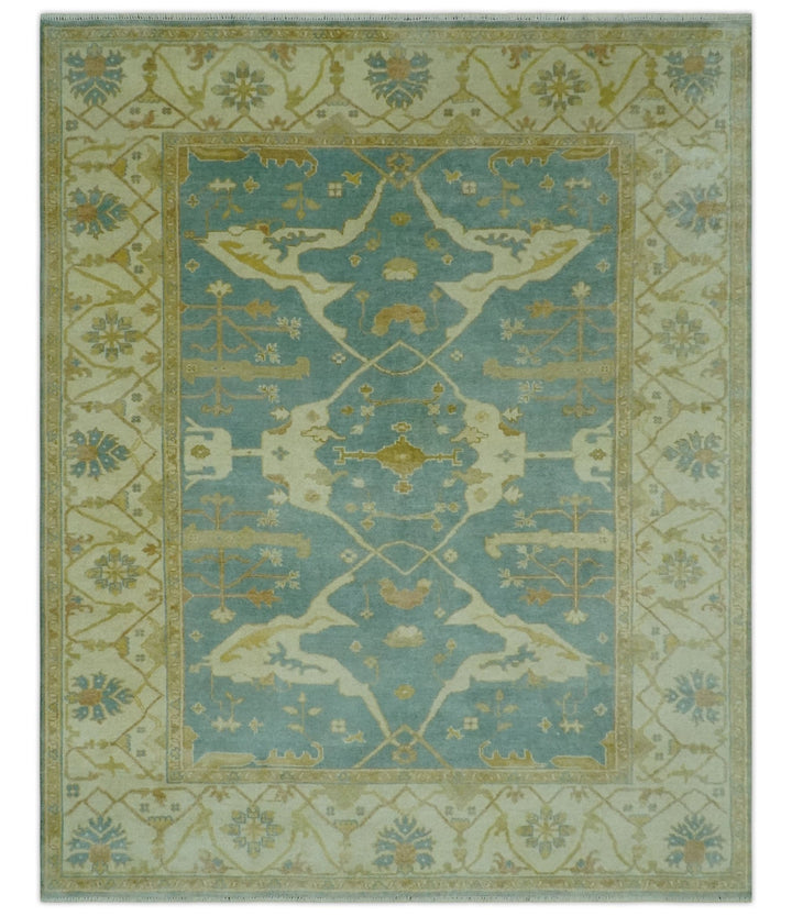 Teal, Olive and Beige Hand Knotted 8x10 Traditional Oriental Oushak wool area rug - The Rug Decor