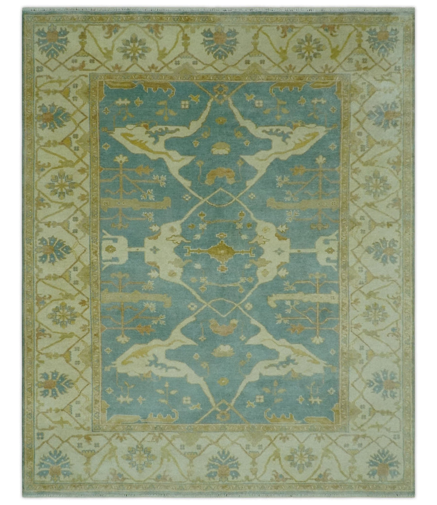 Teal, Olive and Beige Hand Knotted 8x10 Traditional Oriental Oushak wool area rug - The Rug Decor