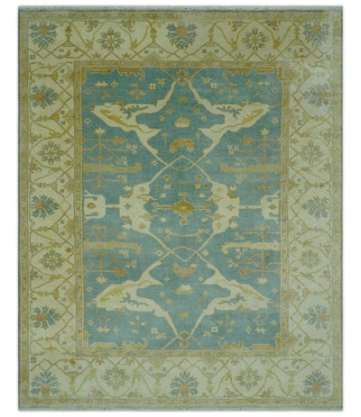 Teal, Olive and Beige Hand Knotted 8x10 Traditional Oriental Oushak wool area rug - The Rug Decor