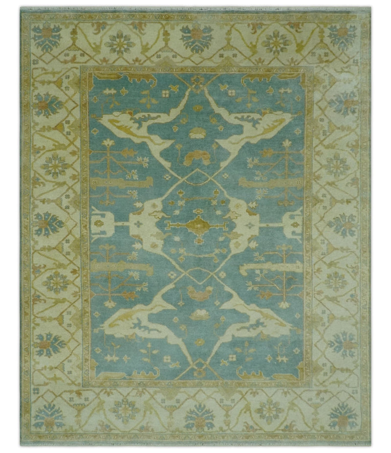 Teal, Olive and Beige Hand Knotted 8x10 Traditional Oriental Oushak wool area rug - The Rug Decor