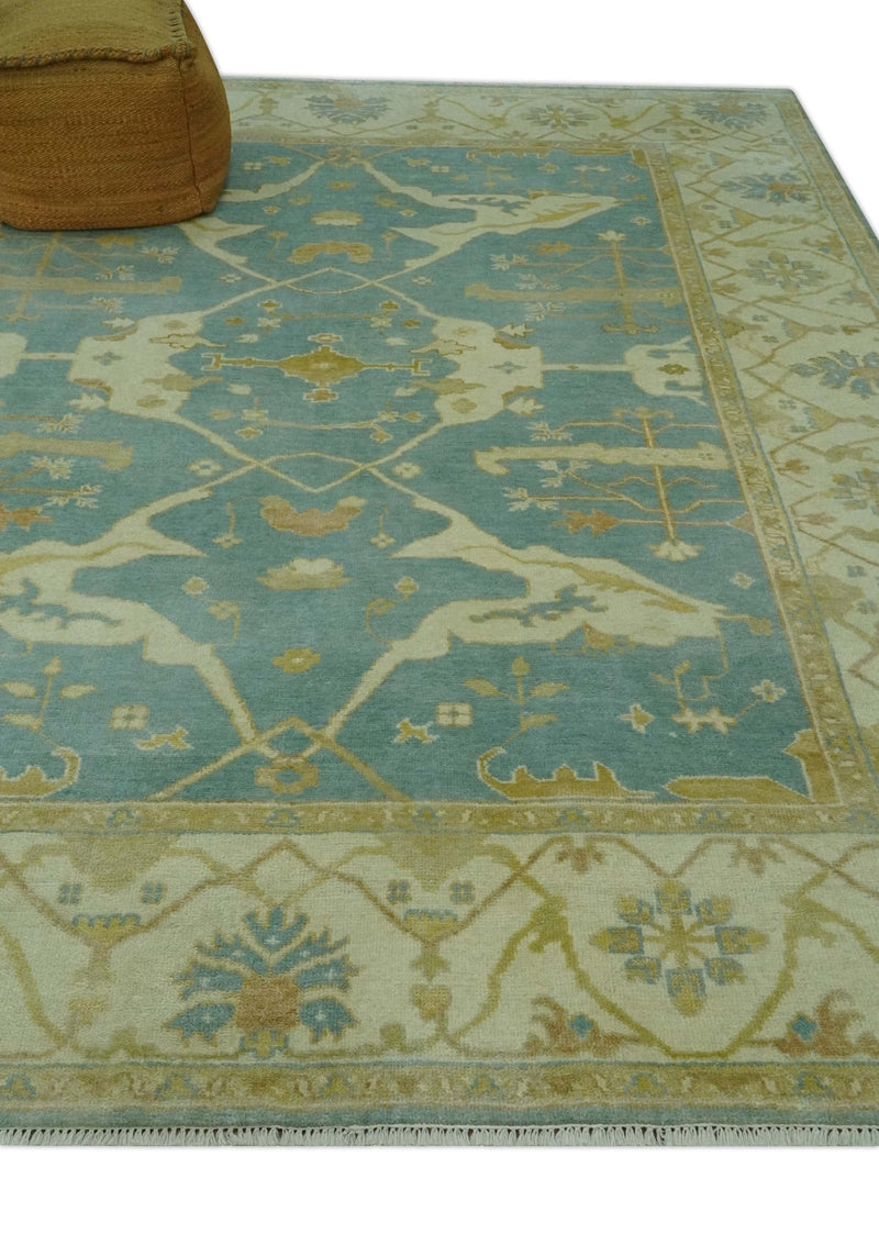 Teal, Olive and Beige Hand Knotted 8x10 Traditional Oriental Oushak wool area rug - The Rug Decor