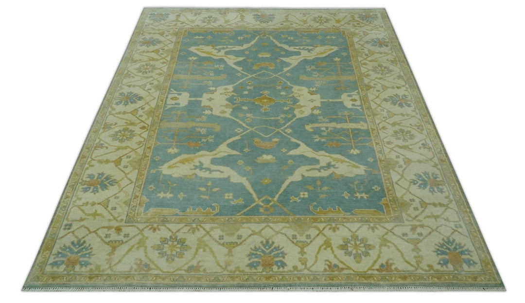 Teal, Olive and Beige Hand Knotted 8x10 Traditional Oriental Oushak wool area rug - The Rug Decor