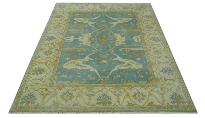 Teal, Olive and Beige Hand Knotted 8x10 Traditional Oriental Oushak wool area rug - The Rug Decor
