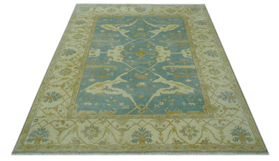 Teal, Olive and Beige Hand Knotted 8x10 Traditional Oriental Oushak wool area rug - The Rug Decor