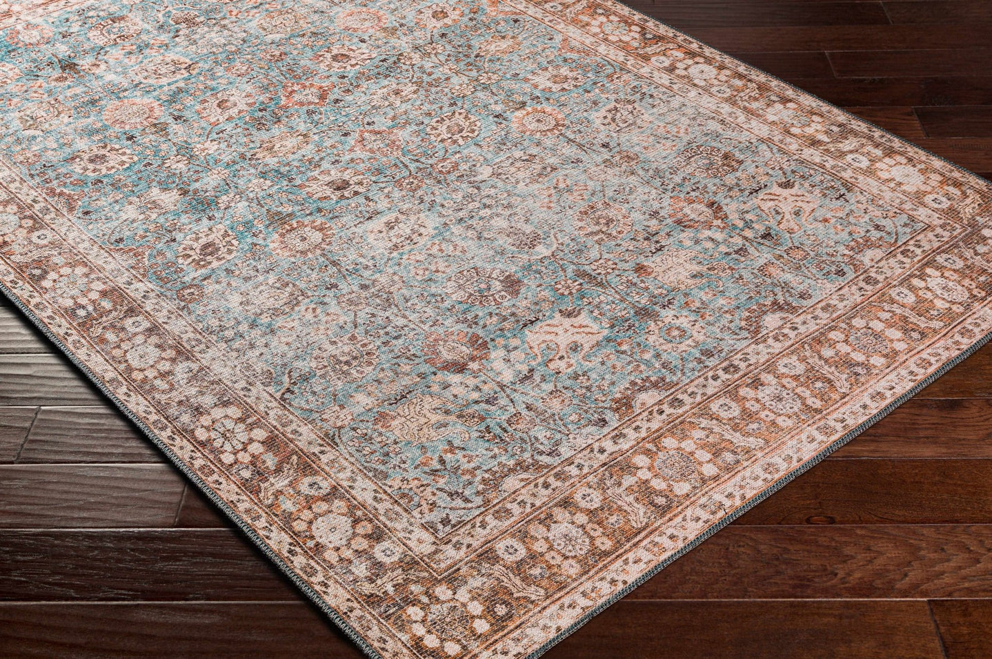 Teal, Rust and Peach Antique Vintage Style Washable Area Rug - The Rug Decor