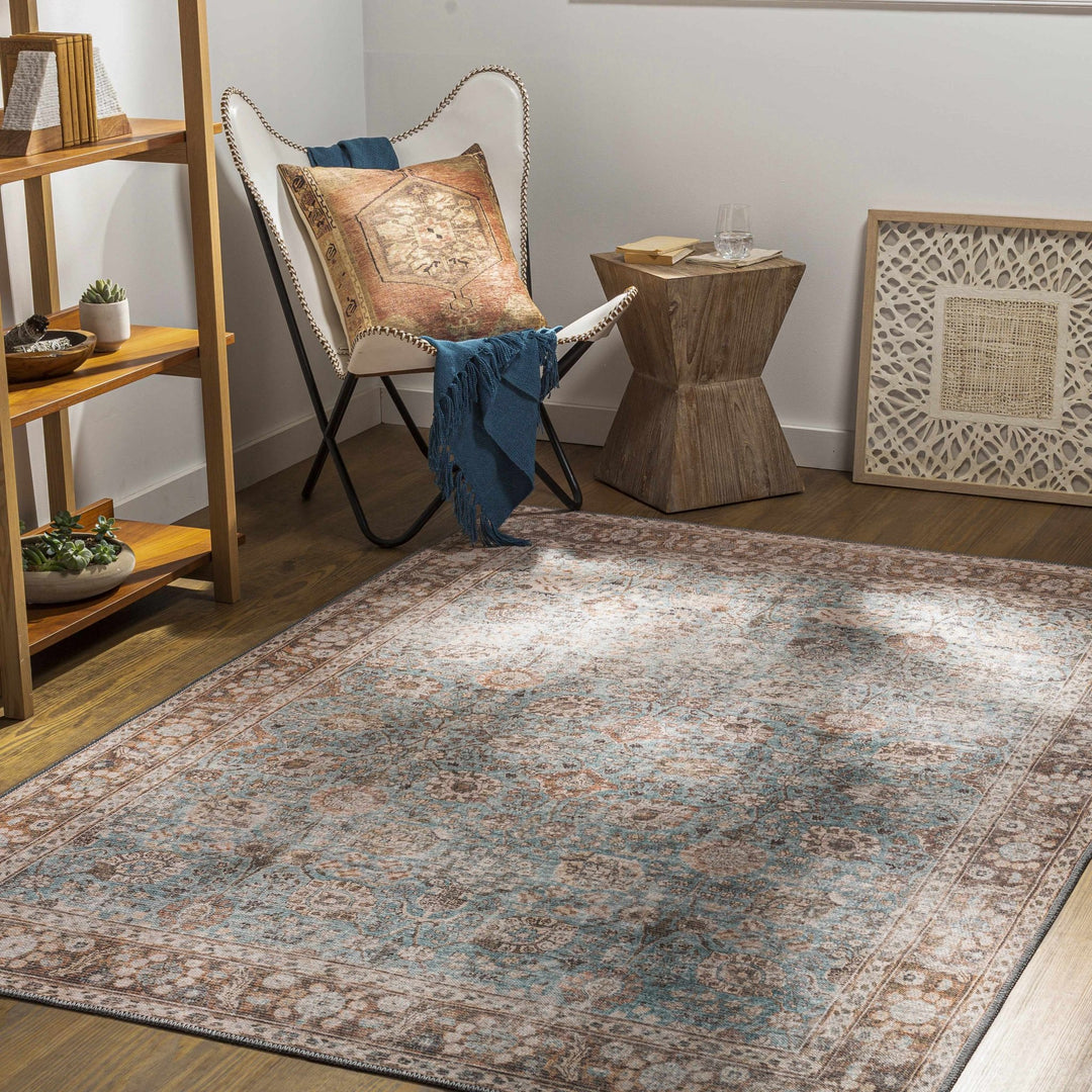 Teal, Rust and Peach Antique Vintage Style Washable Area Rug - The Rug Decor
