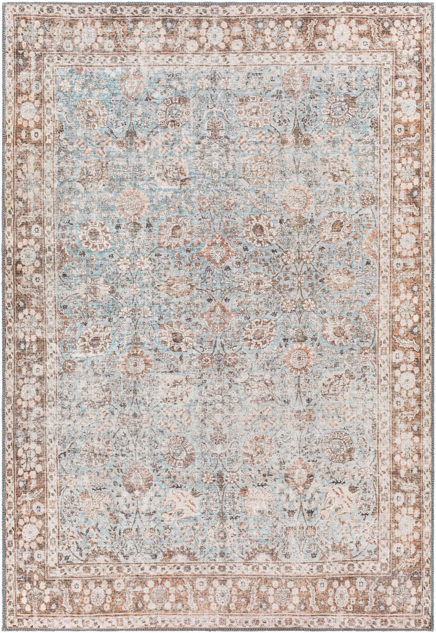 Teal, Rust and Peach Antique Vintage Style Washable Area Rug - The Rug Decor