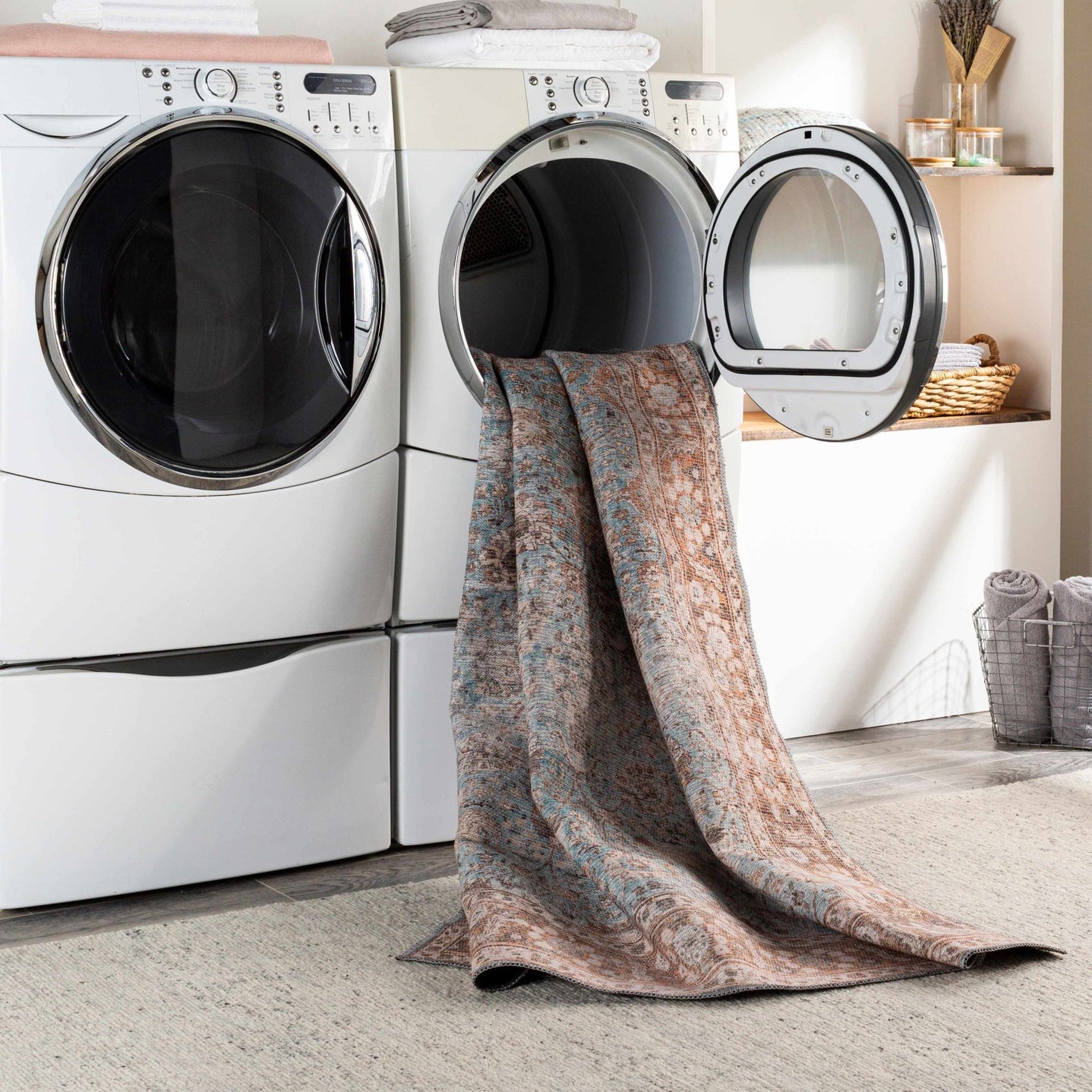 Teal, Rust and Peach Antique Vintage Style Washable Area Rug - The Rug Decor