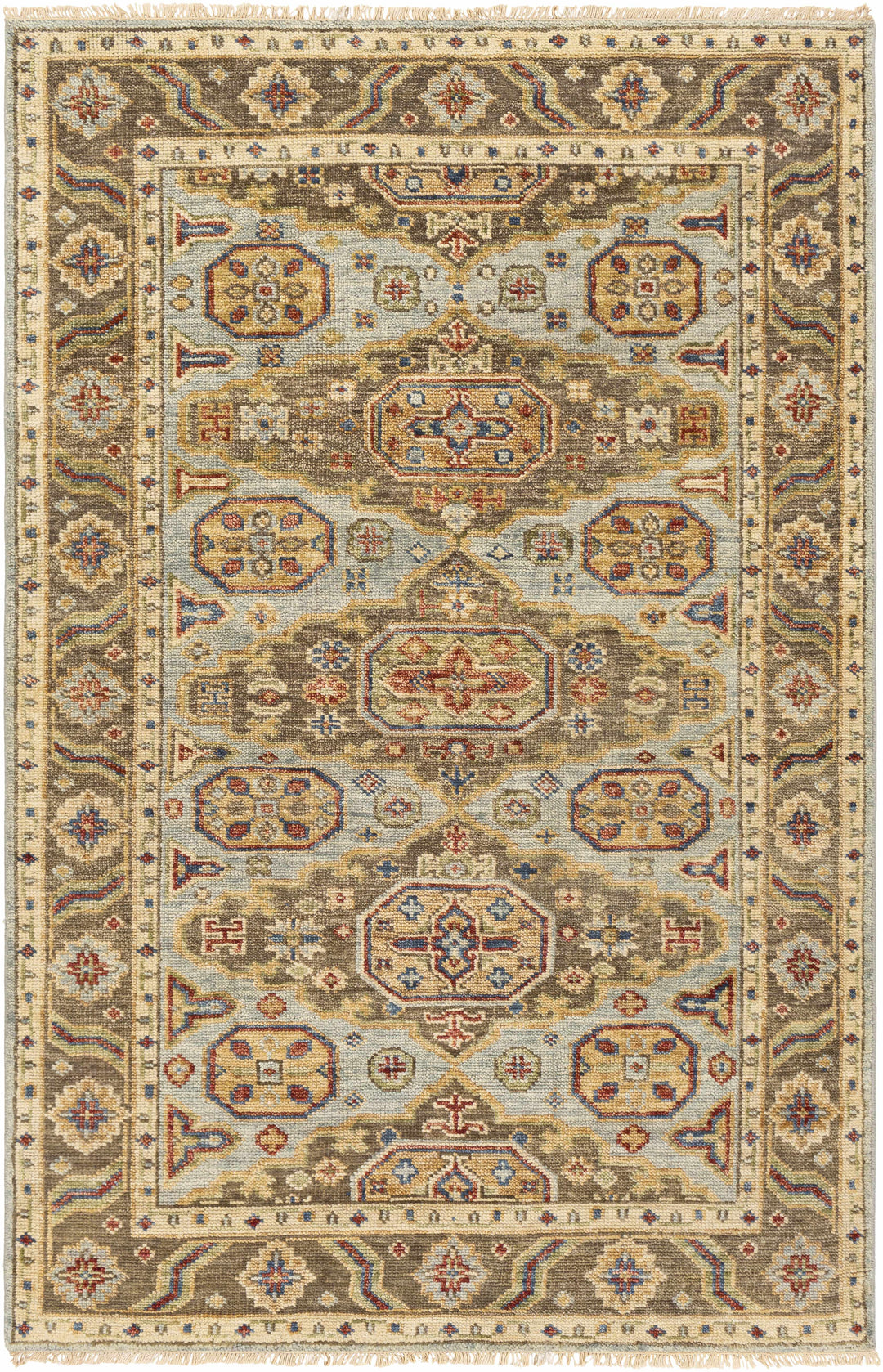 Temvik Brown And Blue Traditional Tribal Design Hand Knotted Area Rug