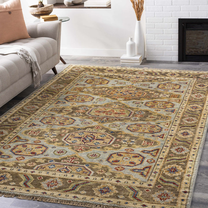 Temvik Brown And Blue Traditional Tribal Design Hand Knotted Area Rug