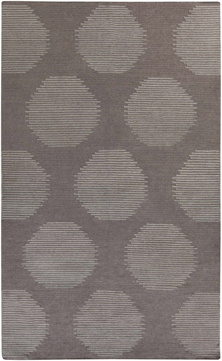 Gray hand-woven wool area rug with geometric circular pattern and striped texture.