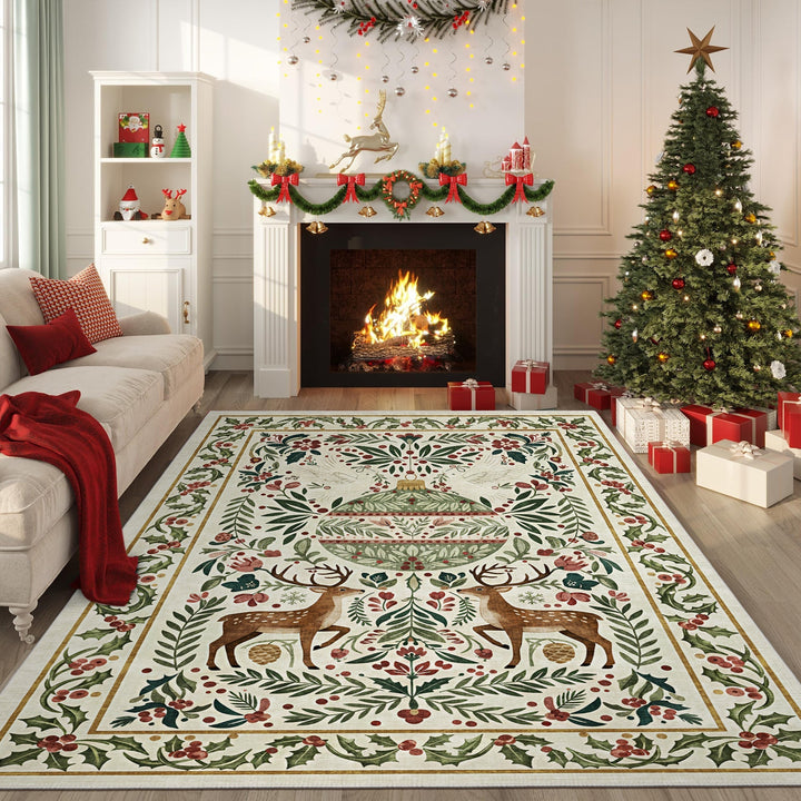 Teryna Christmas Beige And Green Machine Washable Cotton Area Rug - The Rug Decor