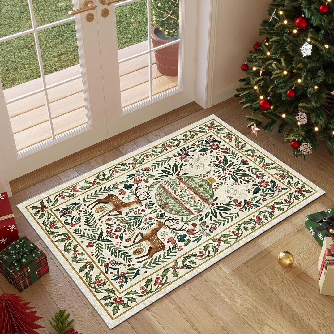 Teryna Christmas Beige And Green Machine Washable Cotton Area Rug - The Rug Decor