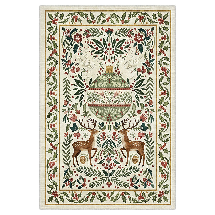 Teryna Christmas Beige And Green Machine Washable Cotton Area Rug - The Rug Decor