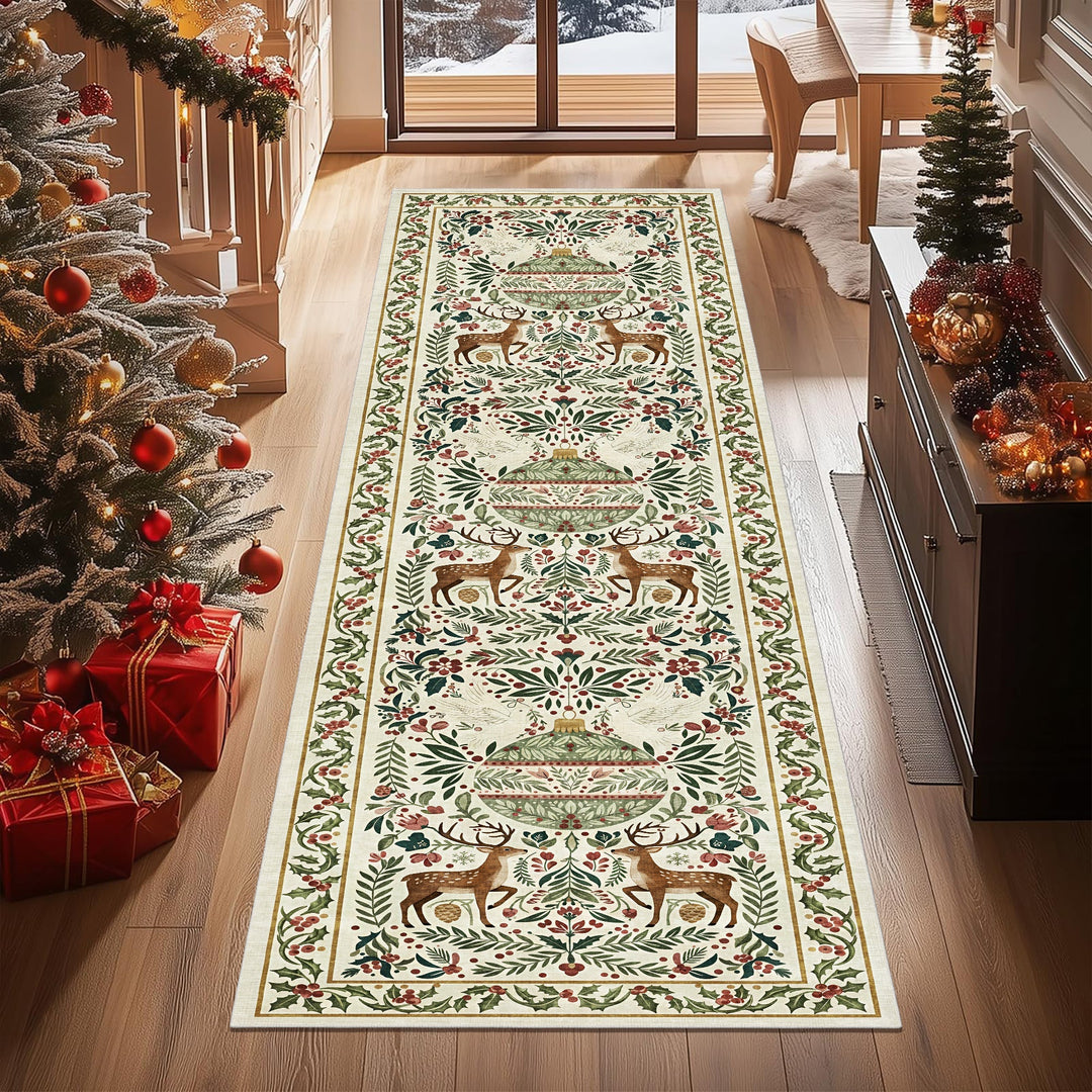 Teryna Christmas Beige And Green Machine Washable Cotton Area Rug - The Rug Decor