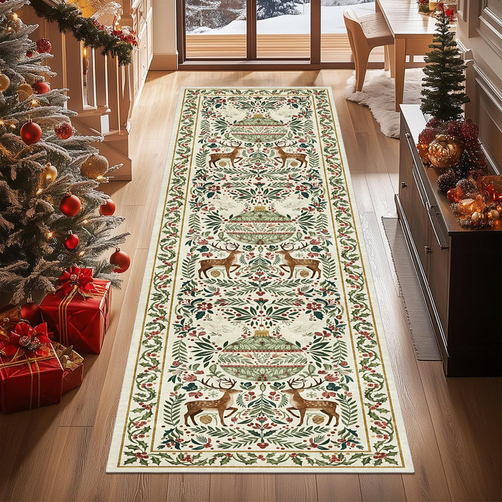 Teryna Christmas Beige And Green Machine Washable Cotton Area Rug - The Rug Decor