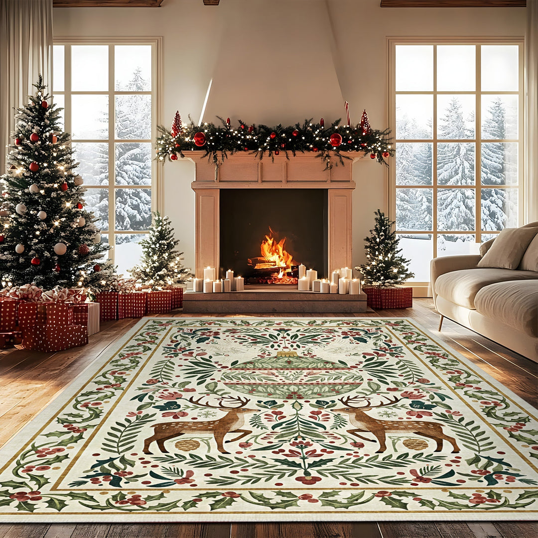 Teryna Christmas Beige And Green Machine Washable Cotton Area Rug - The Rug Decor