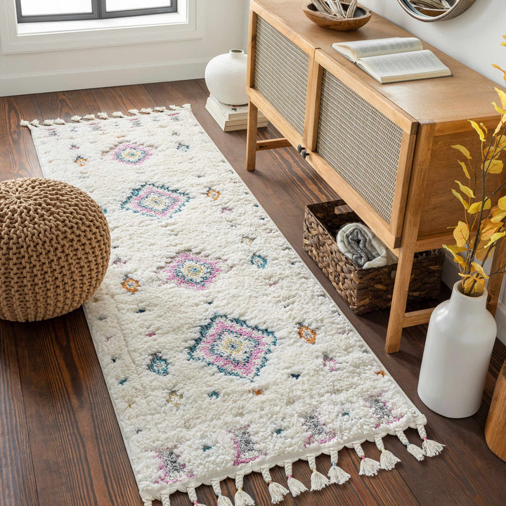 Textured Moroccan Style Ivory, Pink and Teal Traditional Design area rug - The Rug Decor