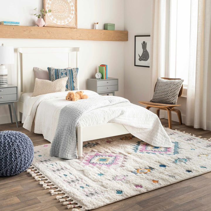 Textured Moroccan Style Ivory, Pink and Teal Traditional Design area rug - The Rug Decor