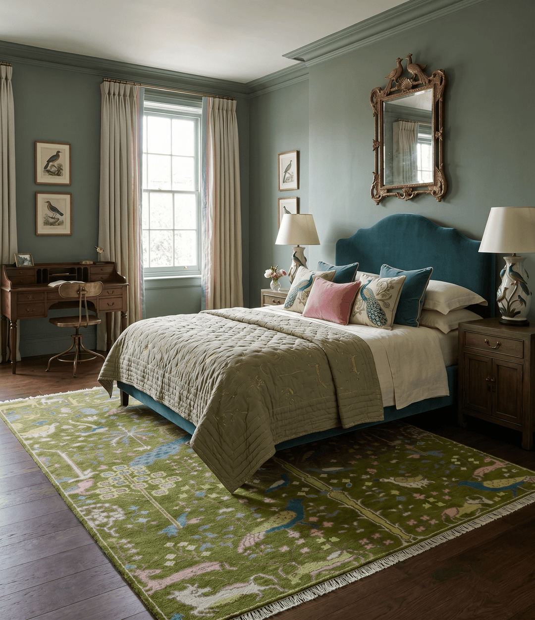 The Green Jungle Life Teal and Peach Peacock Bird Hand Knotted Custom Made Wool Area Rug - The Rug Decor