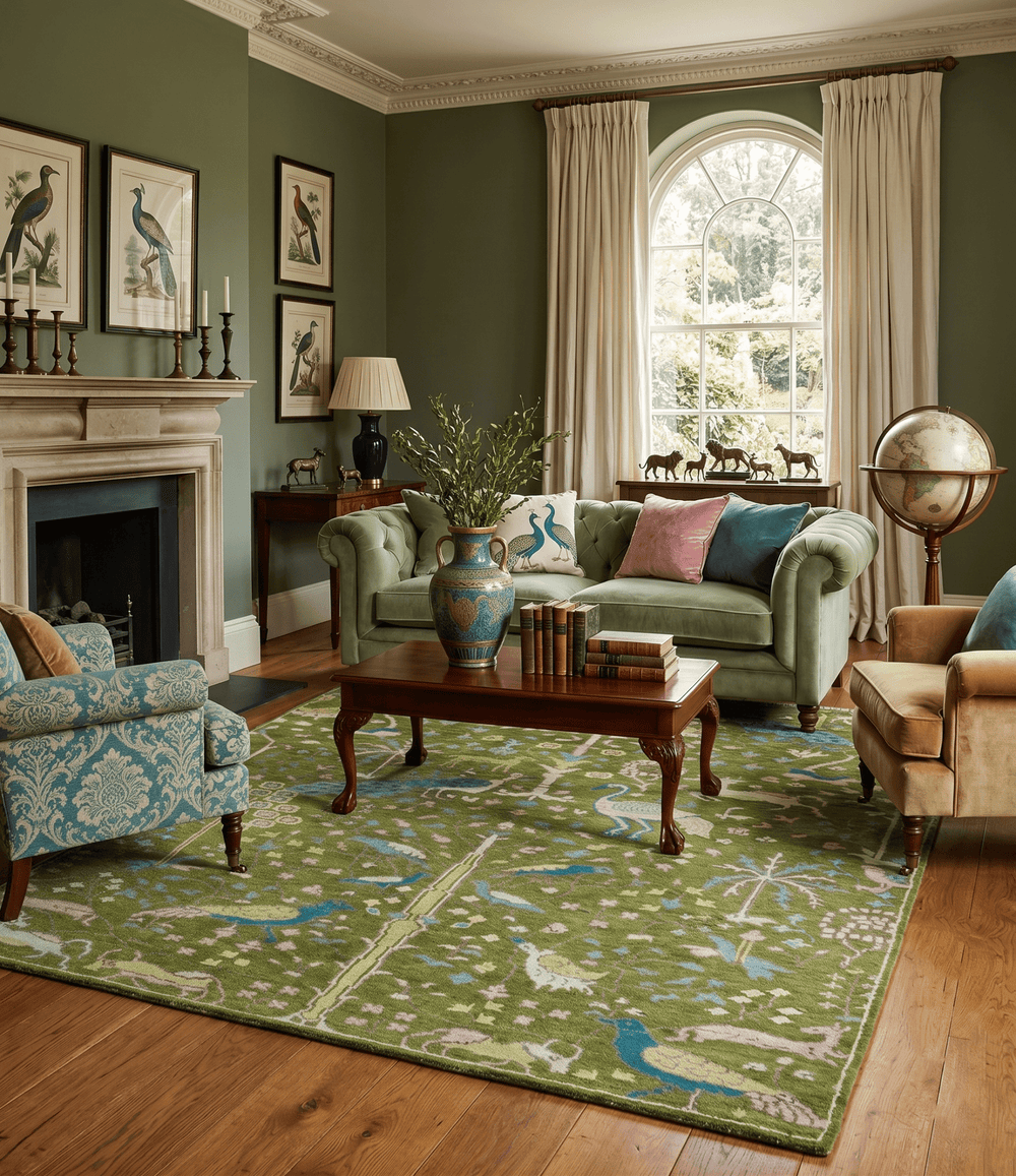 The Green Jungle Life Teal and Peach Peacock Bird Hand Knotted Custom Made Wool Area Rug - The Rug Decor