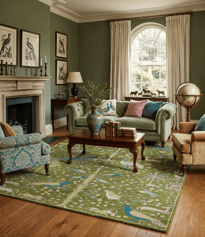 The Green Jungle Life Teal and Peach Peacock Bird Hand Knotted Custom Made Wool Area Rug - The Rug Decor