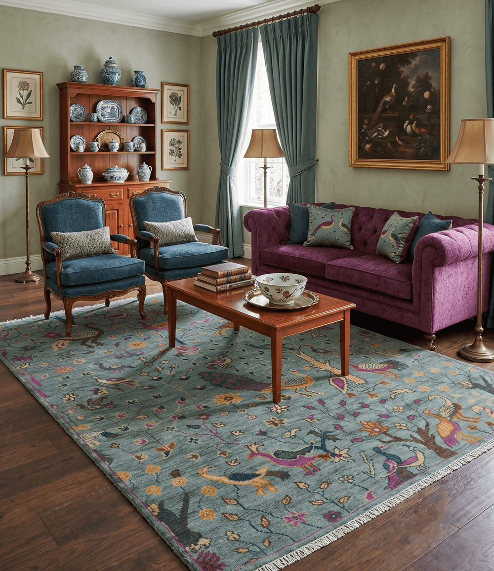 The Jungle Life Peacock on tree Rug Hand Knotted Multi Size Green Wool Rug - The Rug Decor