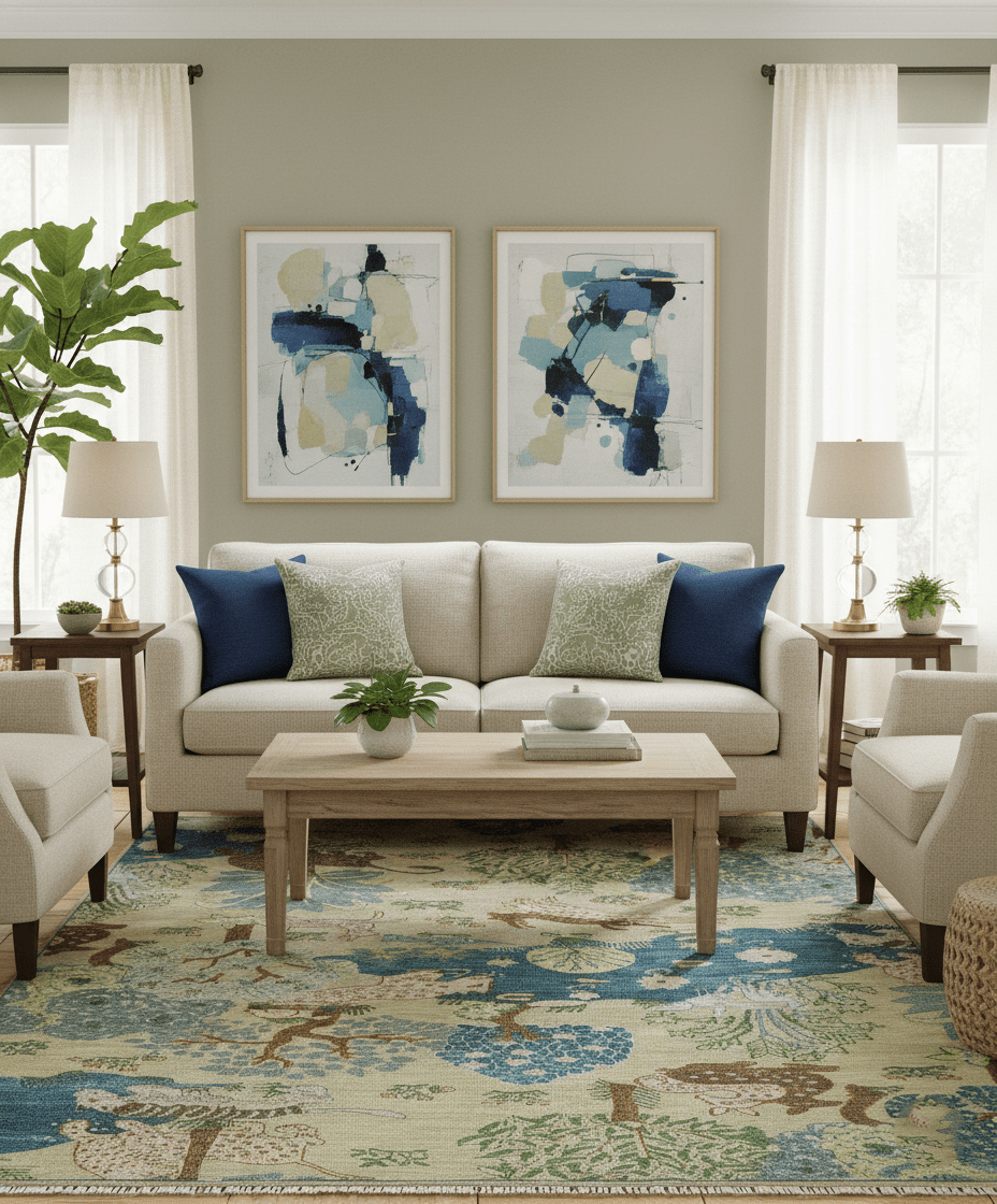 The Jungle Pond Custom Made Blue And Beige Hand Knotted Wool Area Rug - The Rug Decor